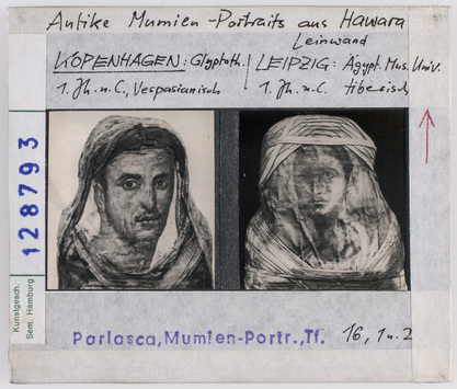 Vorschaubild Mumienporträts aus Hawara, Leinwand. 
Kopenhagen, Glyptothek (links), Leipzig, Ägypt. Museum (rechts) Diasammlung